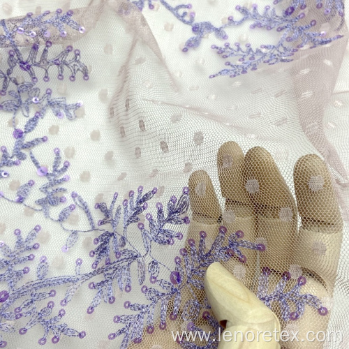 Polyester Embroidery Lace Mesh Fabric With Purple Sequin